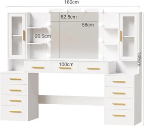 Set Masa toaleta alba 160 cm, cu Priza si USB, cosmetica, machiaj, oglinda cu LED, masuta vanity cu Blat de Sticla, make-up - SEA437