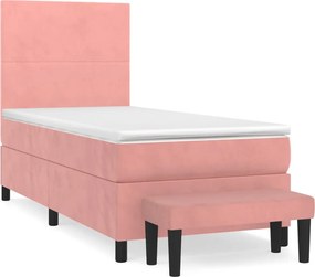 vidaXL Pat box spring cu saltea, roz, 90x200 cm, catifea
