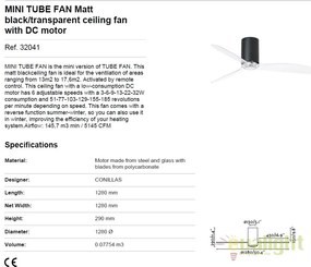 Ventilator de tavan modern cu telecomanda MINI TUBE FAN negru mat/transparent 32041
