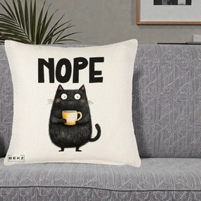 Perna Decorativa NOPE Pisica Neagra Cafea, 40x40 cm, Crem Reliefat, Husa Detasabila, Perna Inclusa, BEKZ®
