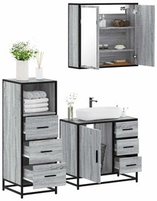 vidaXL Set mobilier de baie, 3 piese, gri sonoma, lemn prelucrat