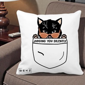 Perna Decorativa Judging You Silently Pisica Buzunar, 40x40 cm, Alba Mata, Husa Detasabila, Perna Inclusa, BEKZ®
