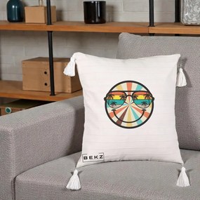 Perna Decorativa Smiley Face Retro Sunset Palmieri, 40x40 cm, Bej cu Franjuri, Husa Detasabila, Perna Inclusa, BEKZ®