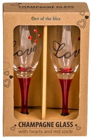 Set 2 pahare, de șampanie, cu inimioare, bază roșie, mesaj Love, 20 cm