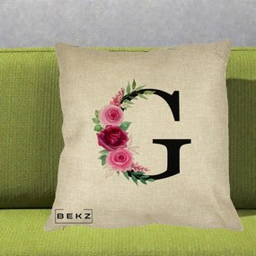 Cadou Personalizat - Perna Personalizata Monograma Florala Litera G, 40x40 cm, Crem, Husa Detasabila, Perna Inclusa, BEKZ®
