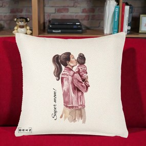 Cadou pentru Mama - Perna Personalizata Super Mom Jachete Roz, 40x40 cm, Crem Reliefat, Husa Detasabila, Perna Inclusa, BEKZ®