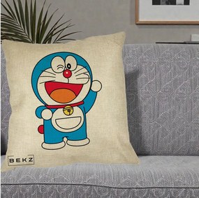 Perna Personalizata Doraemon Salutand, 40x40 cm, Crem, Husa Detasabila, Perna Inclusa, BEKZ®