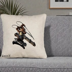 Perna Personalizata Attack on Titan Eren Yeager Lupta, 40x40 cm, Bej Canapea, Husa Detasabila, Perna Inclusa, BEKZ®