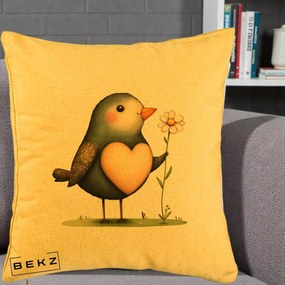 Perna Decorativa Pasare cu Inima si Margareta, 40x40 cm, Galben, Husa Detasabila, Perna Inclusa, BEKZ®