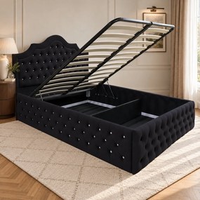 Pat tapițat Chesterfield din catifea Imperio Deluxe 160×200 cm, negru, cu ladă de depozitare