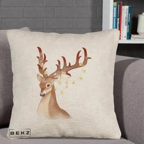 Perna Decorativa Ren cu Luminite de Craciun, 40x40 cm, Bej Canapea, Husa Detasabila, Perna Inclusa, BEKZ®