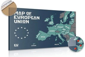 Tablou pe plută harta educațională cu denumirile țărilor uniunii europene