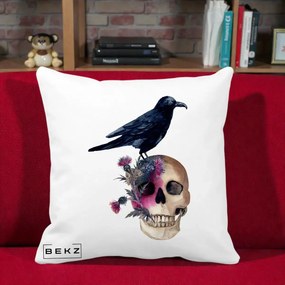 Perna Decorativa Craniu cu Corb si Flori Gothic, 40x40 cm, Alba Mata, Husa Detasabila, Perna Inclusa, BEKZ®