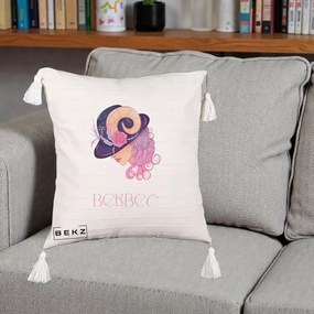 Perna Personalizata Zodie Berbec, 40x40 cm, Bej cu Franjuri, Husa Detasabila, Perna Inclusa, BEKZ®