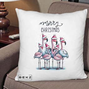 Perna Decorativa Flamingo Merry Christmas, 40x40 cm, Alb Pufos, Husa Detasabila, Perna Inclusa, BEKZ®