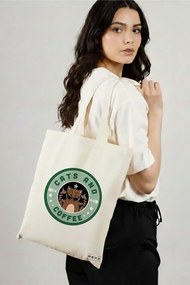 Sacosa de Panza pentru Cumparaturi, Geanta Tote, model Cats and Coffee, 38 x 34.5 cm, Alba, BEKZ®