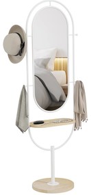HOMCOM Oglindă de Corp Intreg 175,5x50 cm cu Tavă din Lemn 4 Cârlige și Rama de Metal pentru Salon Dormitor Alb | Aosom Romania