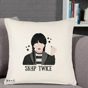 Perna Personalizata Wednesday Snap Twice, 40x40 cm, Crem Reliefat, Husa Detasabila, Perna Inclusa, BEKZ®
