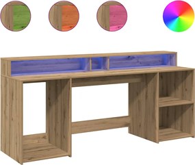 vidaXL Birou cu lumini LED stejar artizanal 200x55x91cm lemn prelucrat