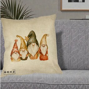 Perna Decorativa Gnomi de Craciun Patru, 40x40 cm, Crem, Husa Detasabila, Perna Inclusa, BEKZ®