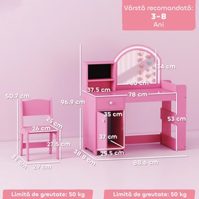 AIYAPLAY Set masă și scaun de machiaj pentru copii, cu lumini LED, MDF, Acril, 88.6 x 38.8 x 96.9, Roz | Aosom Romania