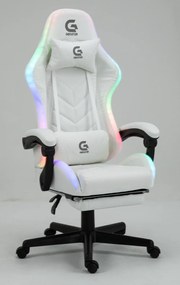 RESIGILAT- Scaun gaming, sistem iluminare bandă LED RGB, masaj în perna lombară, suport picioare, Alb