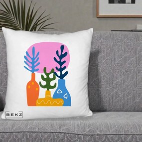 Perna Decorativa Vaze Botanice Abstract, 40x40 cm, Alb Pufos, Husa Detasabila, Perna Inclusa, BEKZ®