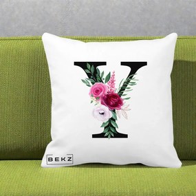 Cadou Personalizat - Perna Personalizata Monograma Florala Litera Y cu Buchet, 40x40 cm, Alba Mata, Husa Detasabila, Perna Inclusa, BEKZ®