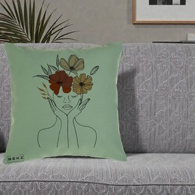 Perna Decorativa Portret Feminin Coroana Trei Flori, 40x40 cm, Verde, Husa Detasabila, Perna Inclusa, BEKZ®
