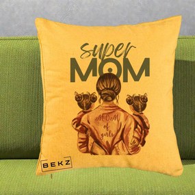 Cadou pentru Mama - Perna Personalizata Super Mom of Girls Mama cu Gemene, 40x40 cm, Galben, Husa Detasabila, Perna Inclusa, BEKZ®