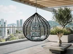 Fotoliu suspendat negru KOKON fara suport, pernă verde-albă