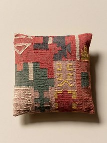 Pernă decorativă din lână și bumbac, multicolor, țesătură kilim în nuanțe de cărămiziu, verde și galben, finisaj artizanal, 50 x 50 cm, „Tikana”