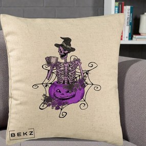 Perna Decorativa Schelet Vrajitor cu Dovleac Violet Halloween, 40x40 cm, Bej, Husa Detasabila, Perna Inclusa, BEKZ®