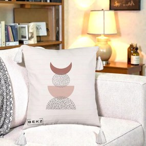 Perna Decorativa Boho Luna Plina si Forme Punctate, 40x40 cm, Bej cu Franjuri, Husa Detasabila, Perna Inclusa, BEKZ®