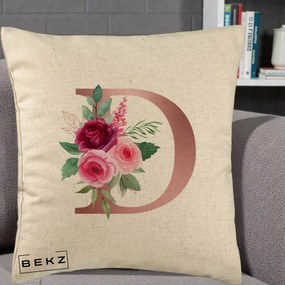 Cadou Personalizat - Perna Personalizata Monograma Rose Gold Litera D, 40x40 cm, Bej, Husa Detasabila, Perna Inclusa, BEKZ®
