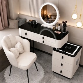 Set MARGOT LONG – Masă de Toaletă pentru Machiaj, Oglindă Alba iluminată LED, Control Touch, 6 sertare, Comoda, Scaun, Difuzor Bluetooth, Zona încărcare fără fir, Alb, 100x40x75 cm