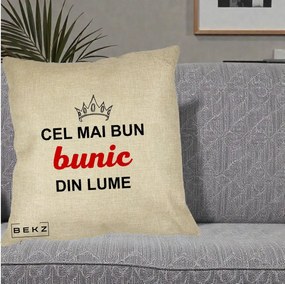 Cadou pentru Bunic - Perna Personalizata Cel Mai Bun Bunic Din Lume Coroana Rosu, 40x40 cm, Crem, Husa Detasabila, Perna Inclusa, BEKZ®