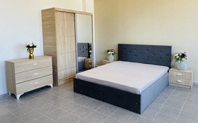 Dormitor Erika / Paris, culoare sonoma / gri, cu pat tapitat 160 x 200 cm, dulap cu oglinda 150 cm, comoda si 2 noptiere