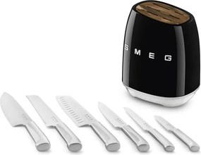 Set de cuțite cu suport SMEG KBSF02BL, 7 piese, Manere din lemn de salcam, Otel inoxidabil german, Negru