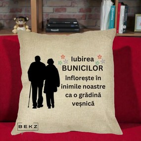 Cadou pentru Bunici - Perna Personalizata Bunicii Iubirea Infloreste Silueta Neagra Flori, 40x40 cm, Crem, Husa Detasabila, Perna Inclusa, BEKZ®