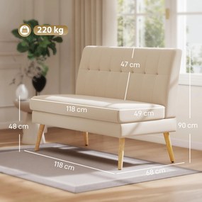 HOMCOM Canapea 2 locuri, spătar capitonat, picioare din lemn, tapițare groasă, aspect de in, pentru spații mici, bej | Aosom Romania