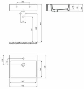 Lavoar pe blat alb lucios 60 cm, dreptunghiular, orificiu pentru baterie, Deante Temisto 600x500 mm