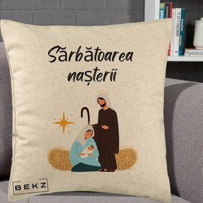 Perna Decorativa Nasterea Domnului Sfanta Familie Sarbatoarea Nasterii, 40x40 cm, Bej, Husa Detasabila, Perna Inclusa, BEKZ®