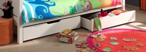 Pat supraetajat pentru copii SCOTT, alb, 90 x 200 cm, din pin scandinav și MDF, cu somiere incluse și 2 sertare pentru depozitare – Vipack