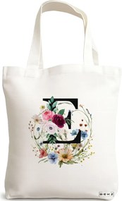Sacosa de Panza pentru Cumparaturi, Geanta Tote, Cu litera E in Coronita Florala, 38x34.5 cm, Alba, BEKZ®