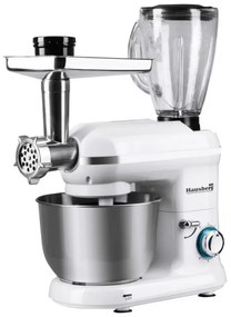 Robot de bucatarie cu bol din otel Hausberg HB-7605AB, 1000W, 5 L, 6 viteze, LED, Blender, Mixer, Masină de tocat carne, Alb