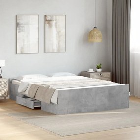 vidaXL Cadru de pat cu sertare, gri beton, 135x190 cm, lemn prelucrat