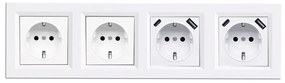 Priză Nova IV cu două prize cu împământare și două conectori USB cu cadru alb
