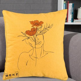 Perna Decorativa Portret Feminin Doua Flori, 40x40 cm, Galben, Husa Detasabila, Perna Inclusa, BEKZ®