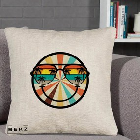 Perna Decorativa Smiley Face Retro Sunset Palmieri, 40x40 cm, Bej Canapea, Husa Detasabila, Perna Inclusa, BEKZ®